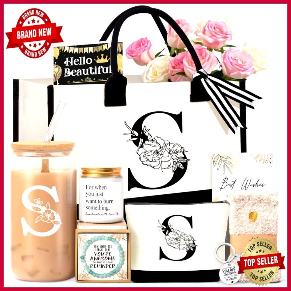 Monogrammed Canvas Tote Bag with Cosmetic Bag and Glass Cup Set